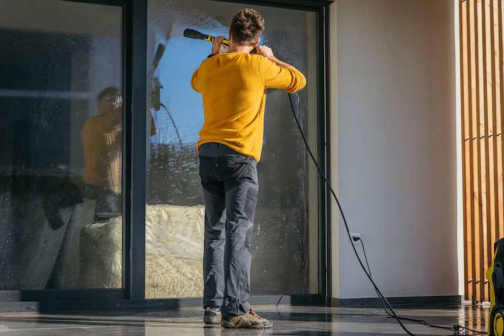 The man is cleaning the window with a power washer.