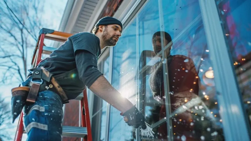 a window cleaner wiping down a glass door in a Massachusetts residences