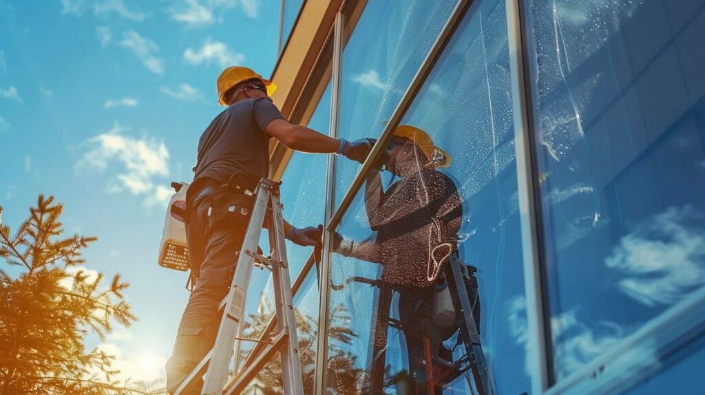 a window cleaner standing on a ladder, meticulously cleaning the exterior of a large, gleaming house window