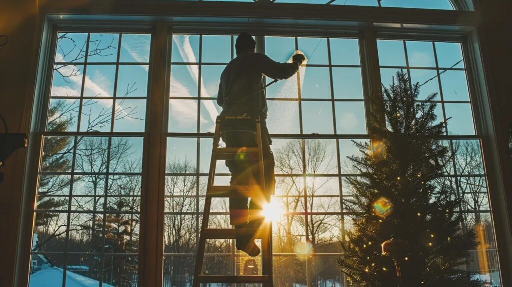 a window cleaner wiping down a sparkling clean window in a Massachusetts home