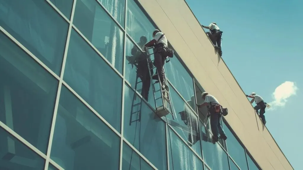 a team of window cleaners using specialized tools to achieve a streak-free finish on a small commercial building windows.