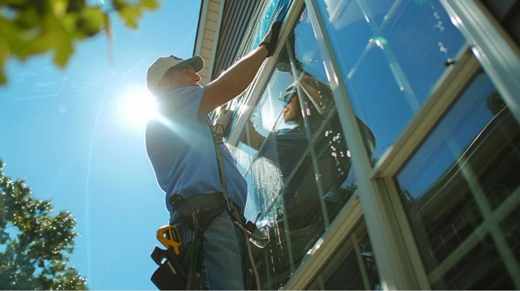 window cleaner washing a residential windows in massachusetts